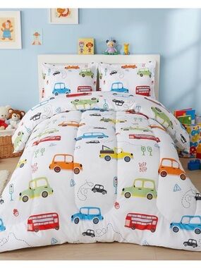 Kids Car Print Twin Comforter Set in White with Multicolor Cars